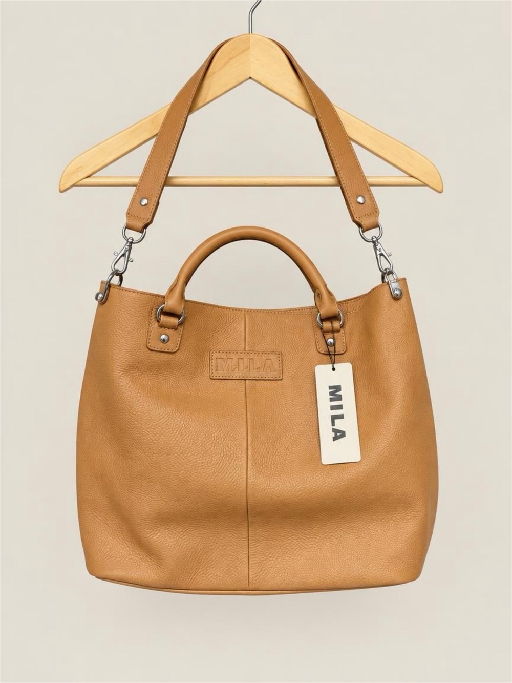 M.I.L.A. Cognac Pebbled Leather Large Tote Shoulder Bag NWT